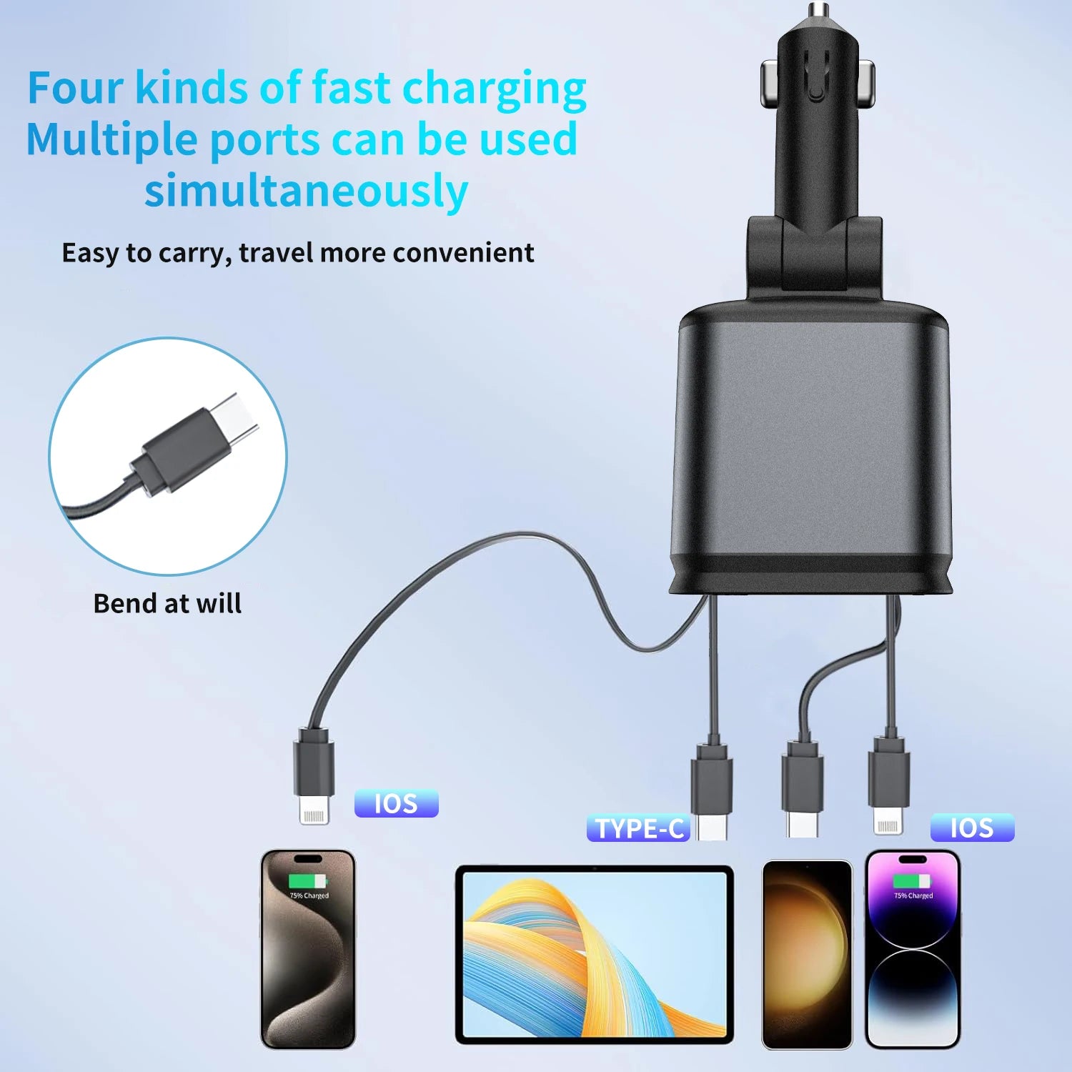 Scalable Car Charger 4 in 1 Fast Charging.2-Ports Cigarette Lighter Adapter