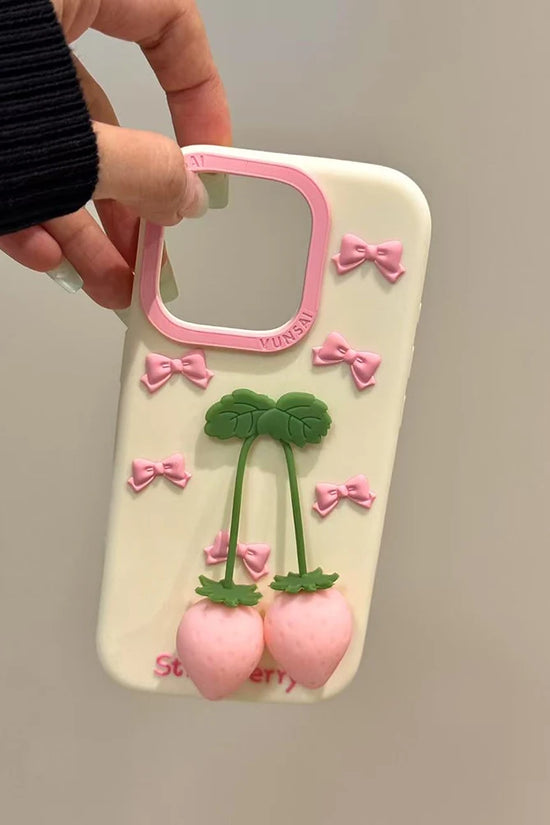 Cute Pink 3D Bow Strawberry Silicone Phone Case