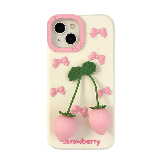 Cute Pink 3D Bow Strawberry Silicone Phone Case