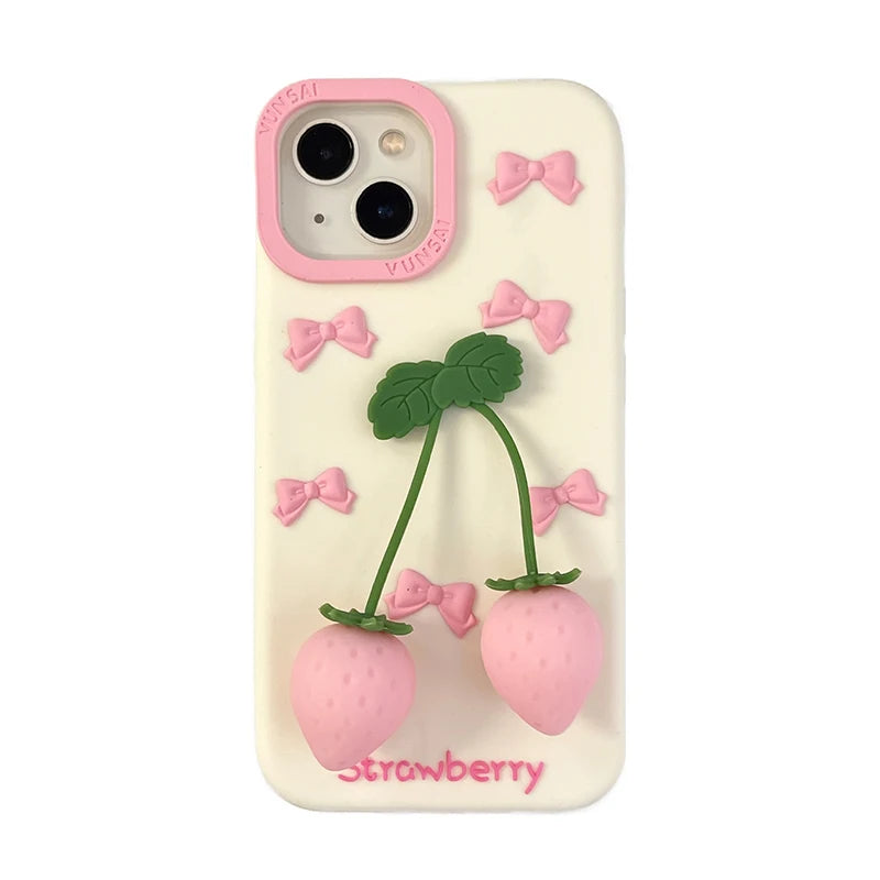 Cute Pink 3D Bow Strawberry Silicone Phone Case