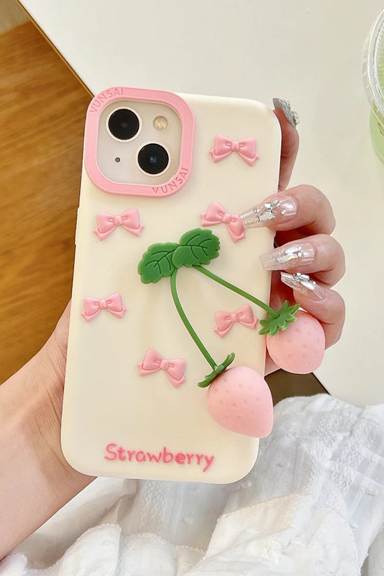 Cute Pink 3D Bow Strawberry Silicone Phone Case