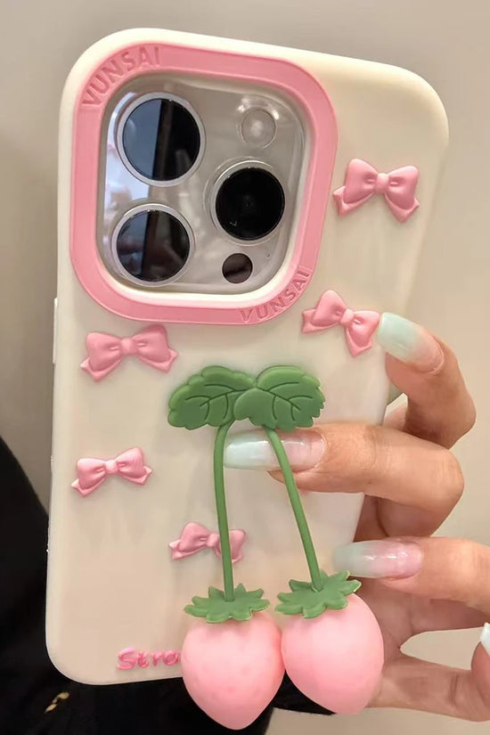 Cute Pink 3D Bow Strawberry Silicone Phone Case